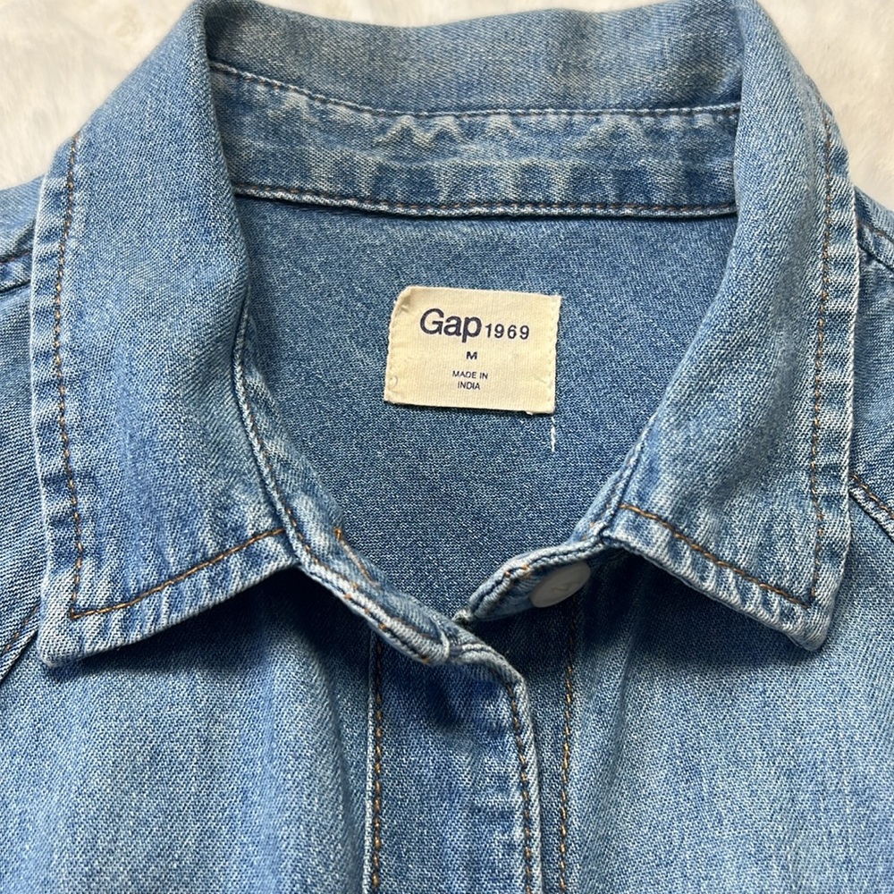 GAP Western Pearlsnap Shirt Dress M Belted‎ Chambray Lightweight Cotton Cowgirl - Picture 11 of 17